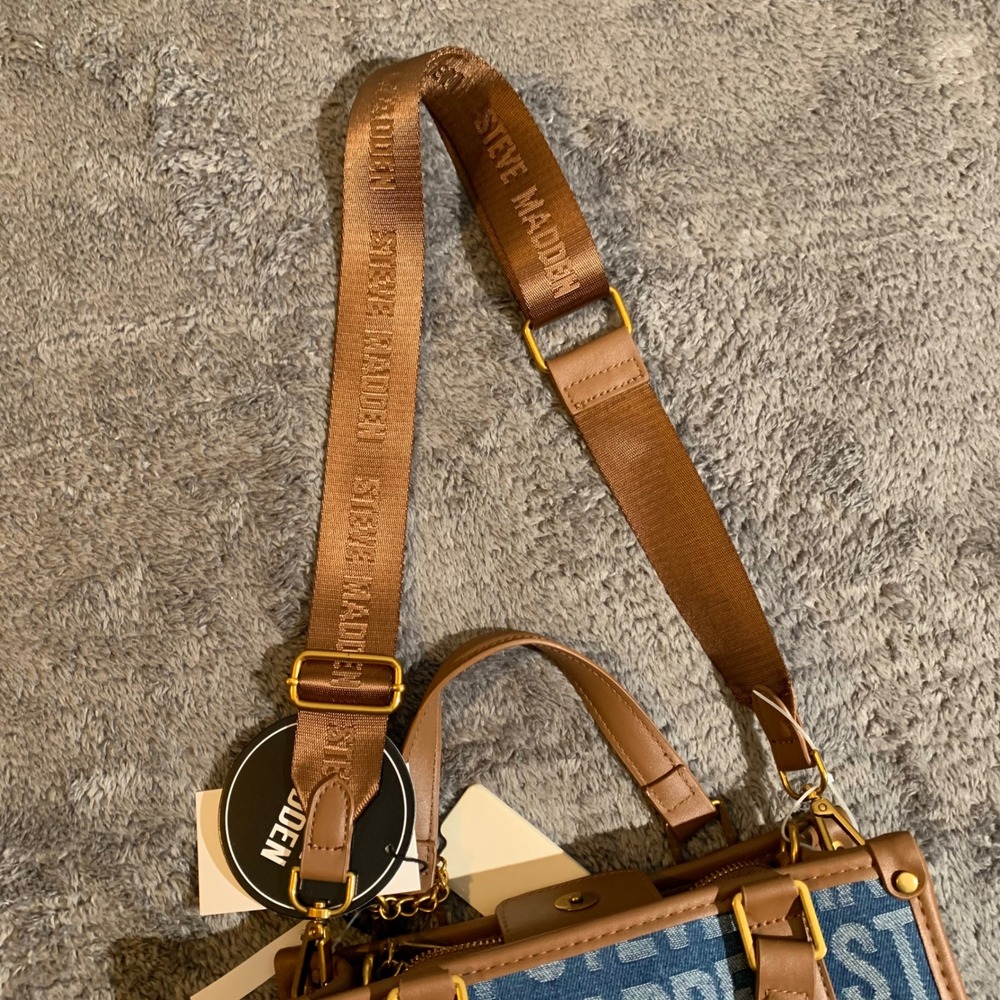 Steve Madden Womens Logo Print Denim Crossbody Bag Mini Tote Tan Blue NWT - Picture 8 of 9